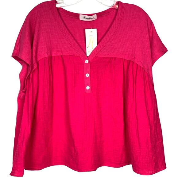 NWT Herring Stones Short‎ Sleeve Mixed Fabric Swing Top Large Pink Casual Spring - Picture 1 of 4